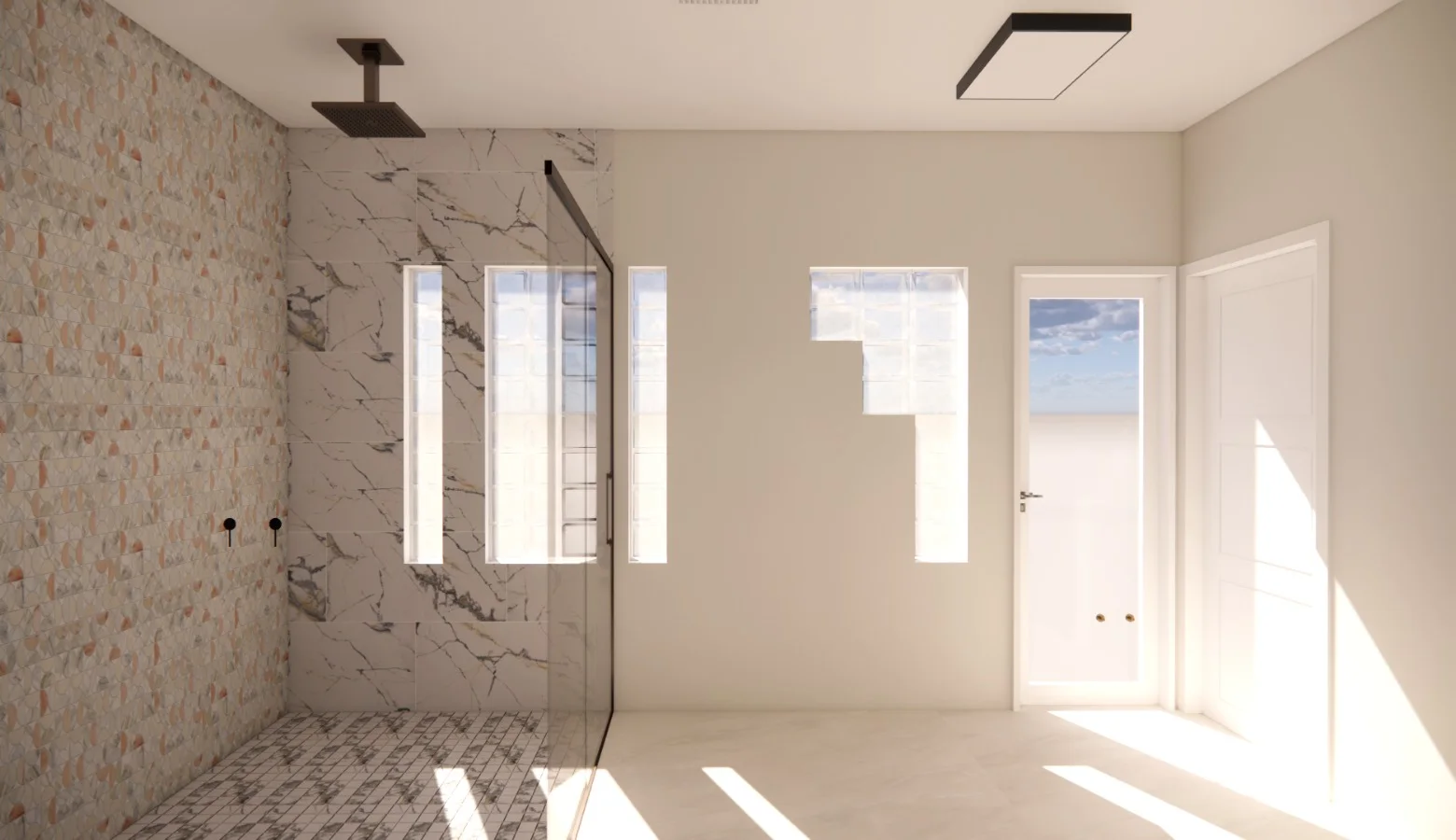 4D render of a bathroom with a patterned-tile shower wall, glass-block windows and a white door