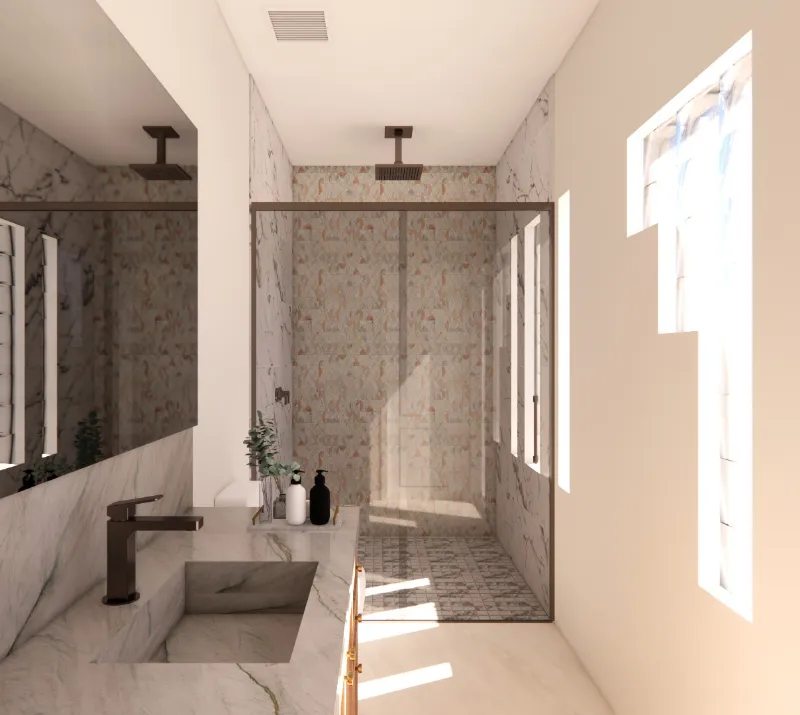 4D render of a bathroom with a stone vanity top, an integrated sink and a glass-enclosed shower