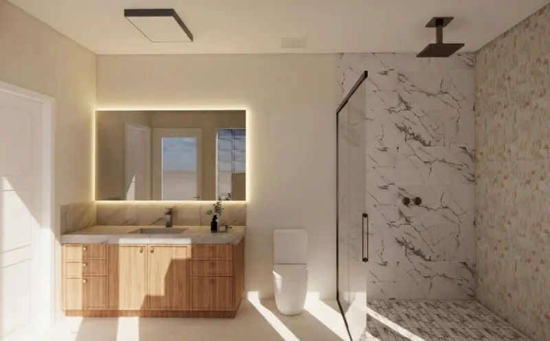 4D render of a bathroom with a wood vanity, a backlit mirror and a marble-look walk-in shower