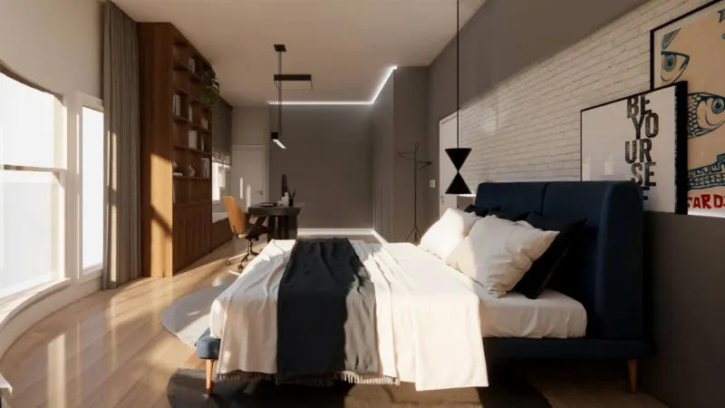 4D render of a bedroom with a curved wall, a blue upholstered bed and a built-in wood bookcase