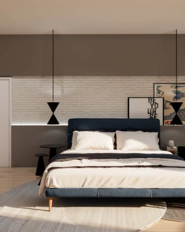 4D render of a bedroom with a blue upholstered bed, a gray feature wall with LED lighting and light wood flooring