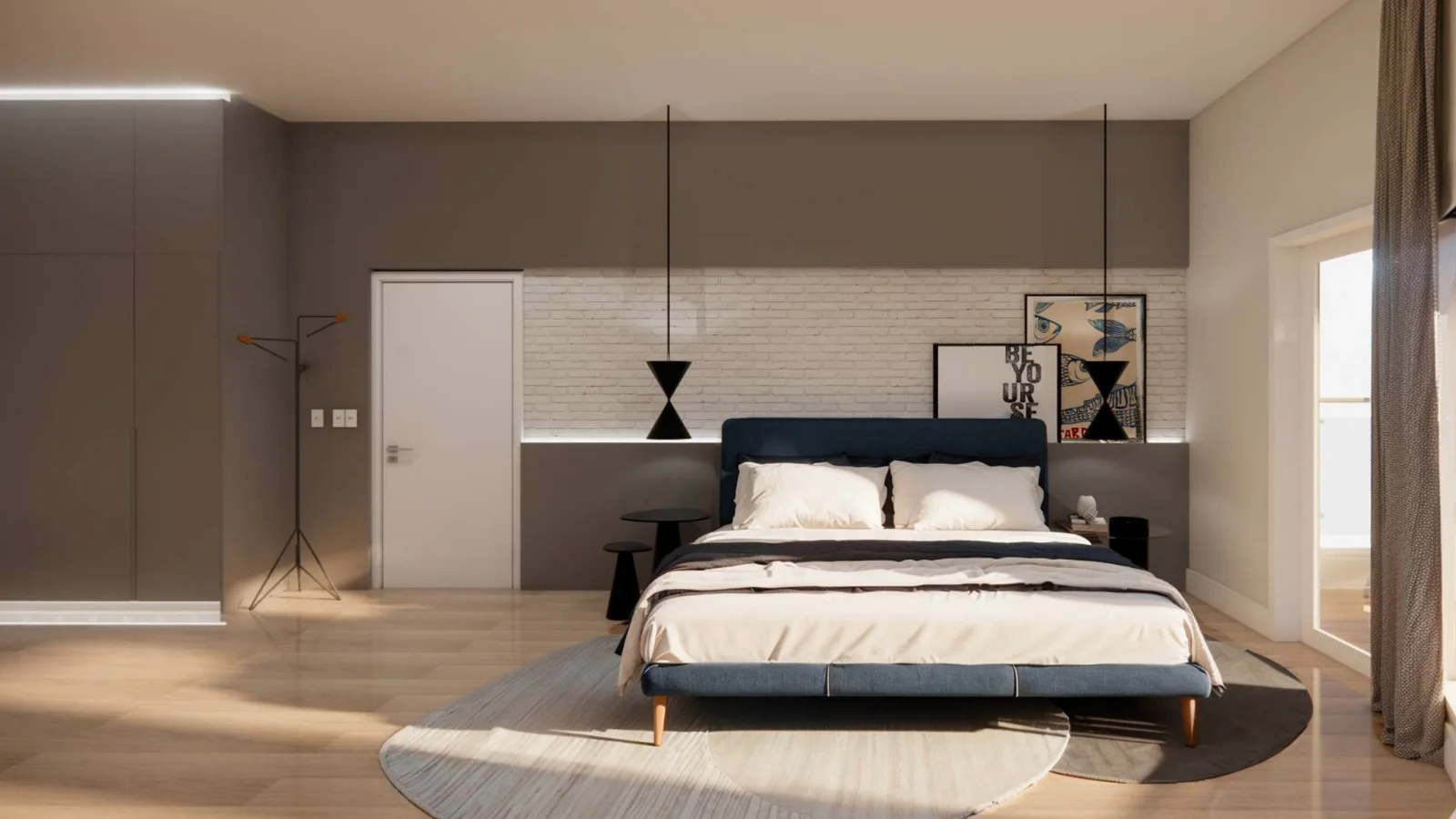 4D render of a bedroom with a blue upholstered bed, a gray feature wall with LED lighting and light wood flooring