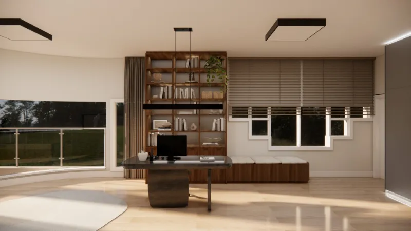 4D render of a bedroom workspace with a wood bookcase, a desk and a cushioned window seat