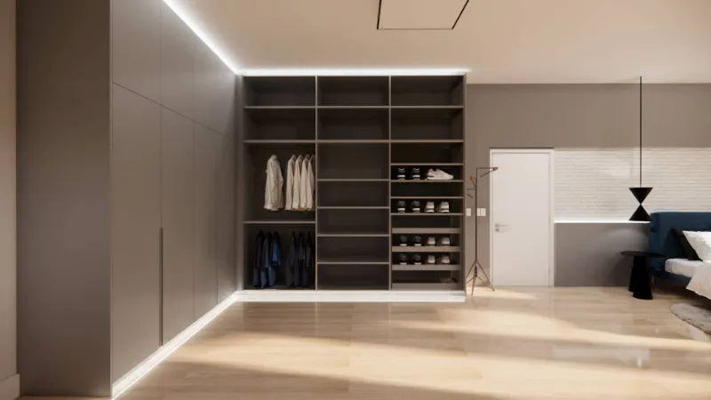 4D render of a bedroom with built-in gray wardrobes, one open to show hanging clothes and shoe shelves
