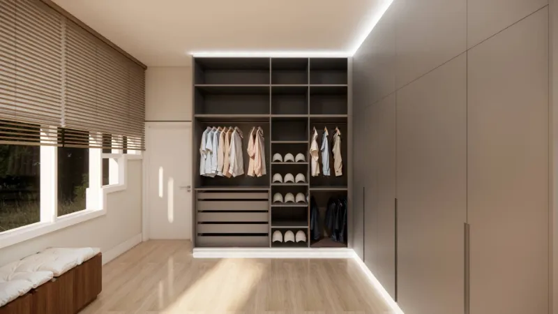 4D render of a bedroom with a bench by the window and a built-in wardrobe open to show clothes and drawers