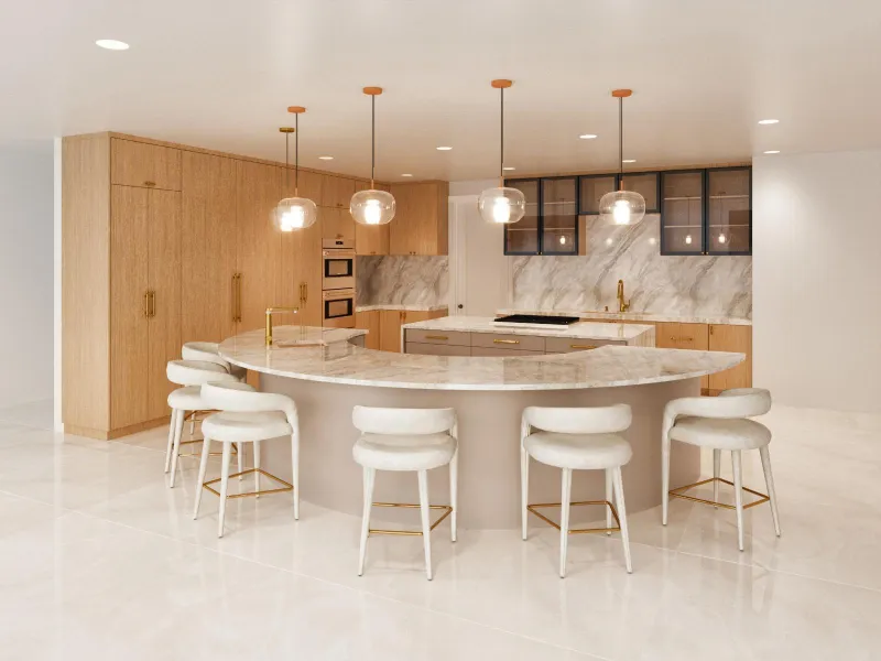 4D render of a kitchen with a curved stone island, white stools and light wood cabinets