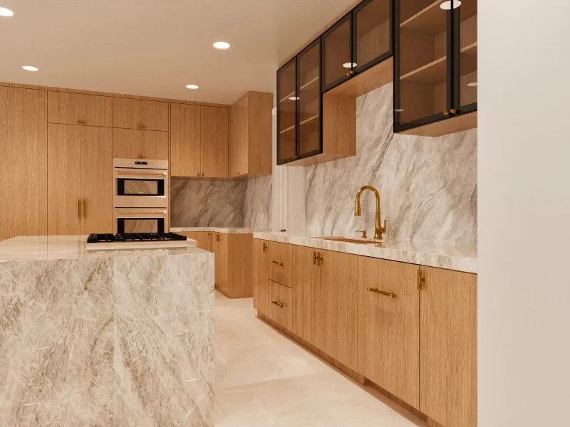 4D render of a kitchen with light wood cabinets, a stone backsplash, a waterfall island and gold-tone fixtures