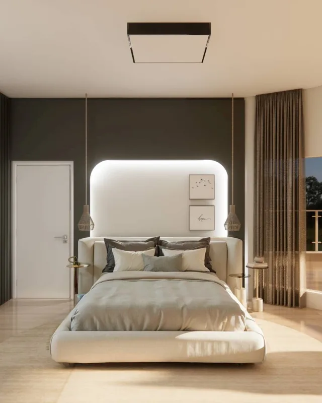 4D render of a master bedroom with an upholstered bed, a backlit headboard wall and charcoal slatted paneling