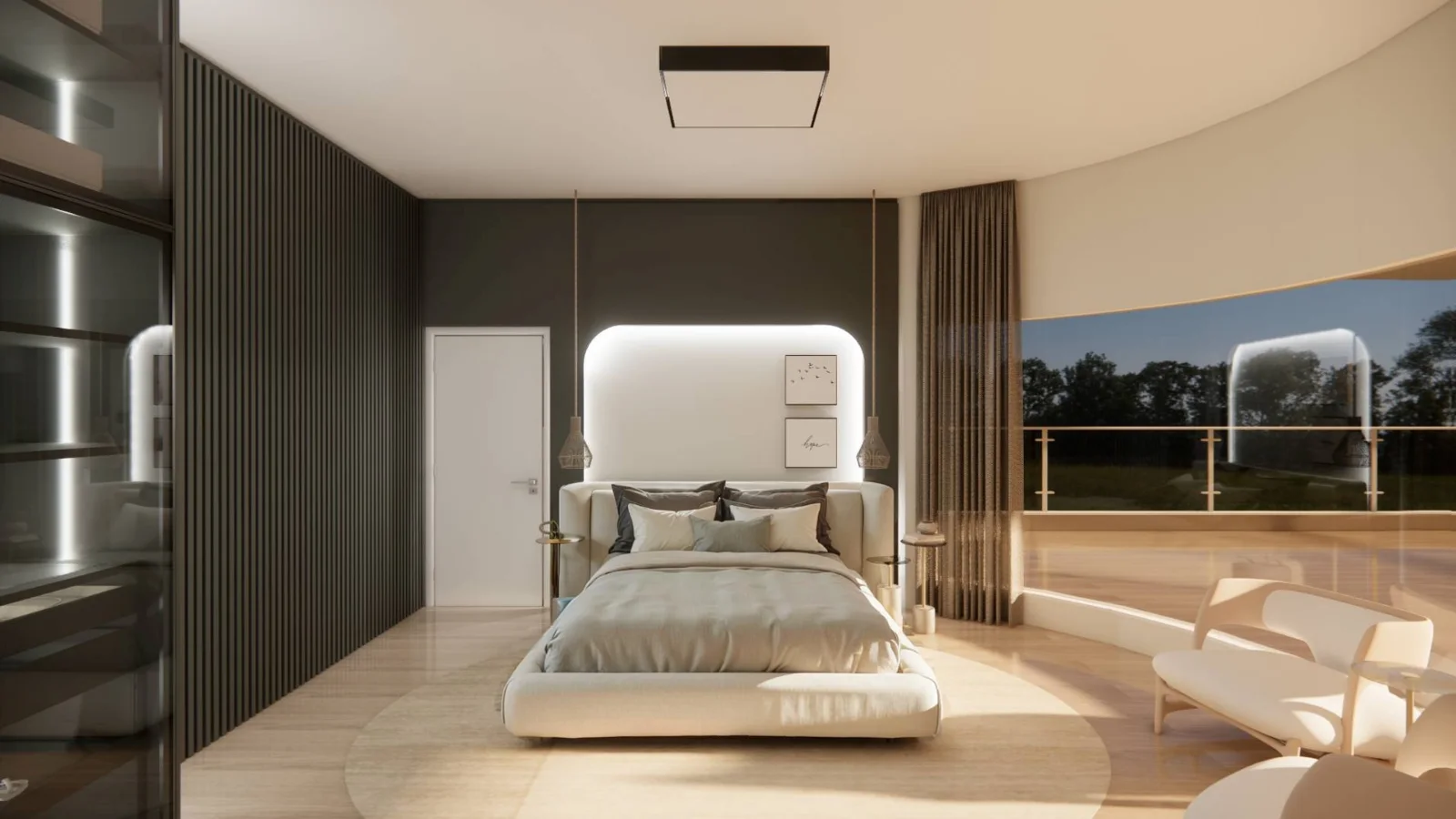 4D render of a master bedroom with an upholstered bed, a backlit headboard wall and charcoal slatted paneling