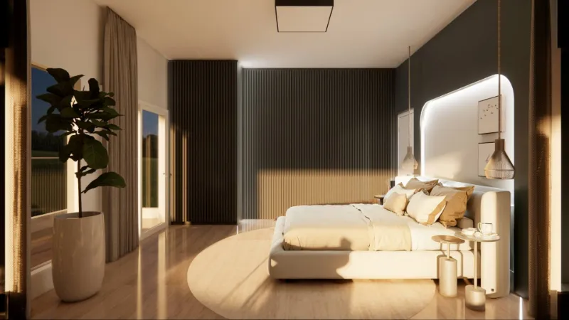 4D render of a master bedroom with an upholstered bed, a backlit headboard wall and warm daylight