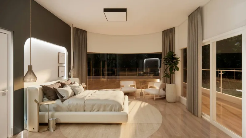 4D render of a master bedroom with a curved wall of windows, drapes and a seating area