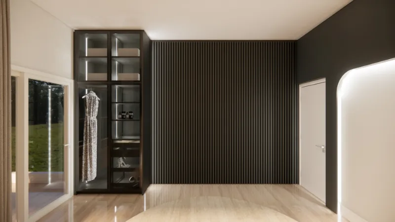 4D render of a master bedroom with a glass-front wardrobe and charcoal slatted paneling