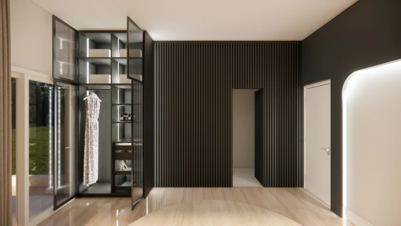 4D render of a master bedroom with a glass-front wardrobe open to show hanging clothes and shelves