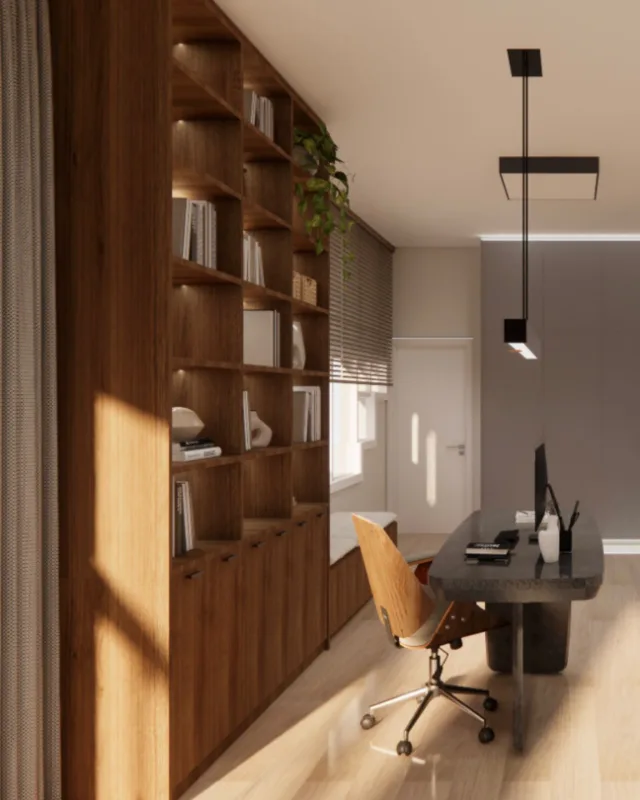 4D render of a home office with a dark wood bookcase, a stone desk and pendant lights