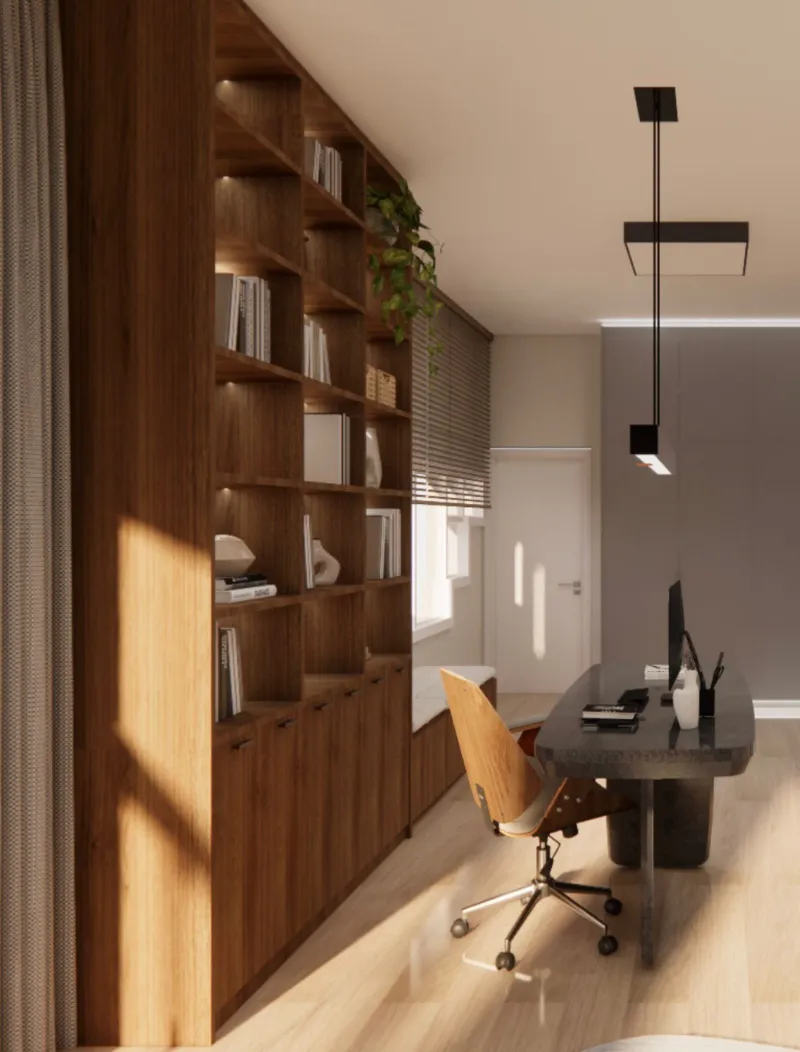 4D render of a home office with a dark wood bookcase, a stone desk and pendant lights