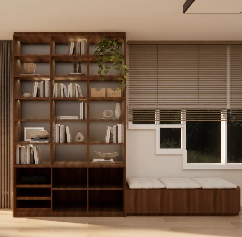 4D render of a dark wood built-in bookcase with a cushioned window seat and wood blinds