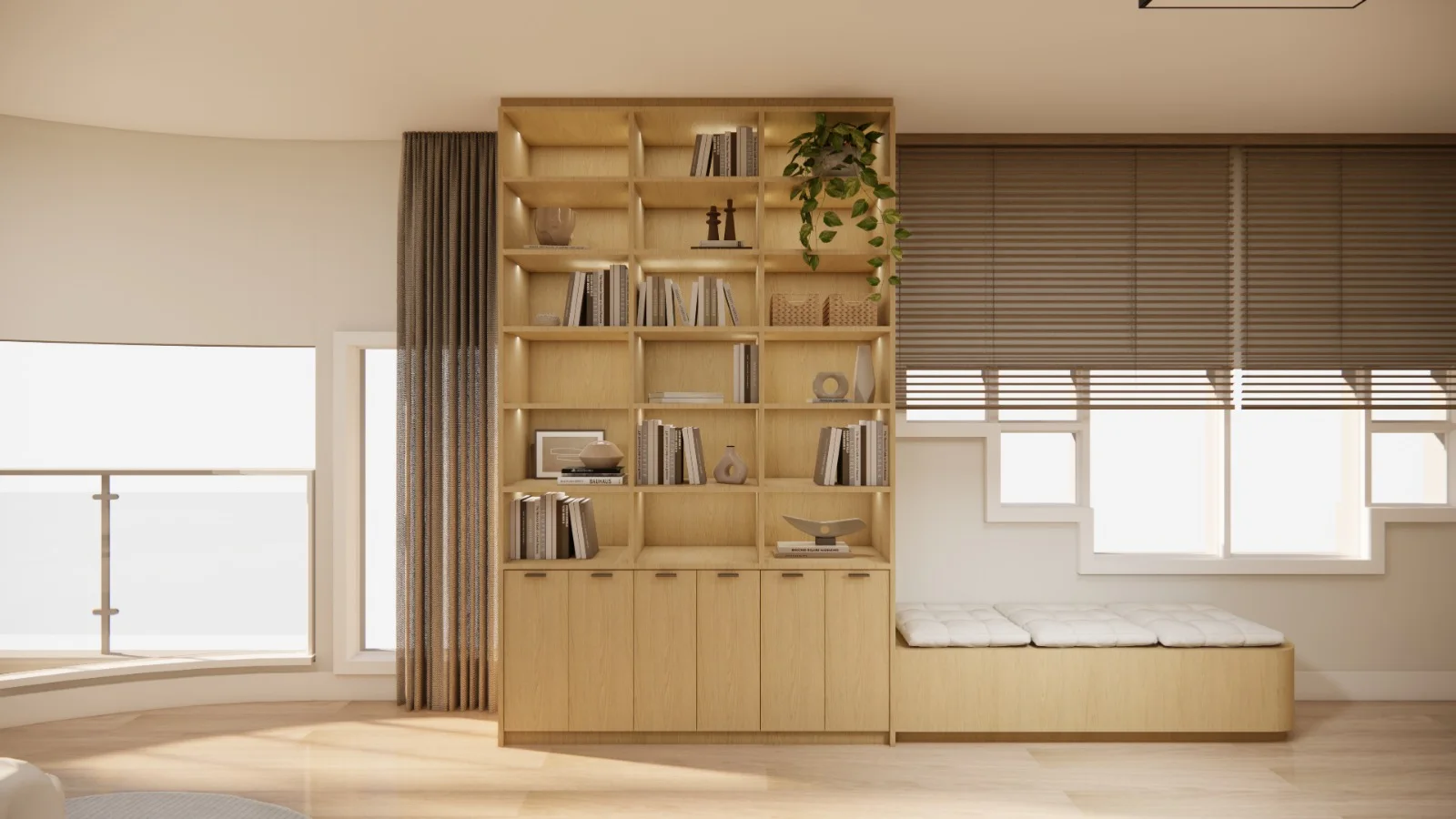 4D render of a light wood built-in bookcase with cabinets, a cushioned window seat and wood blinds