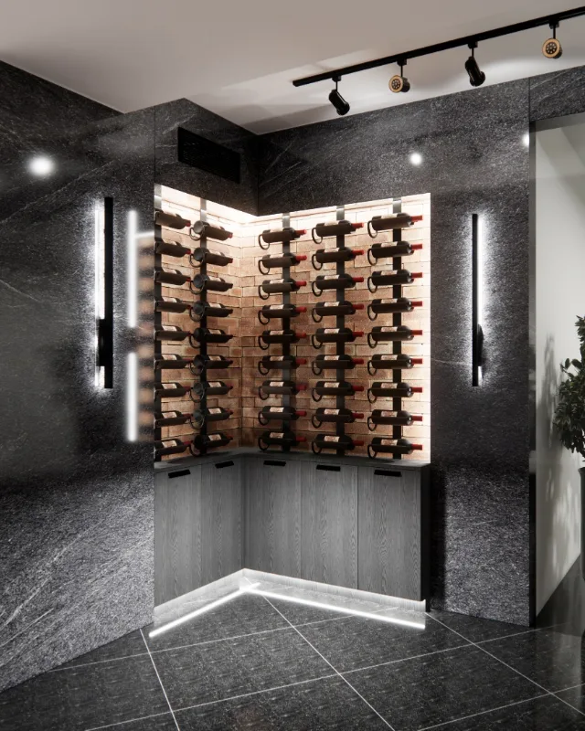 4D render of a wine cellar niche with a backlit wine rack in dark stone, a plant and a polished stone floor