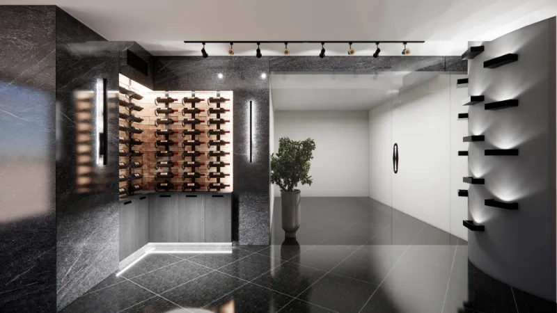 4D render of a wine cellar with a backlit wine rack in dark stone, black floating shelves and a glass partition