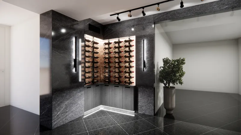 4D render of a wine cellar niche with a backlit wine rack in dark stone, a plant and a polished stone floor