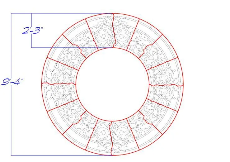 Technical drawing of a round mosaic medallion with its dimensions