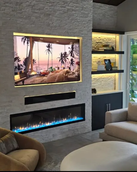 After: Living room with fireplace & stone media wall